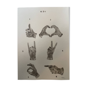 Signed painting monochrome watercolor sepia hand signs "gloves store poster"