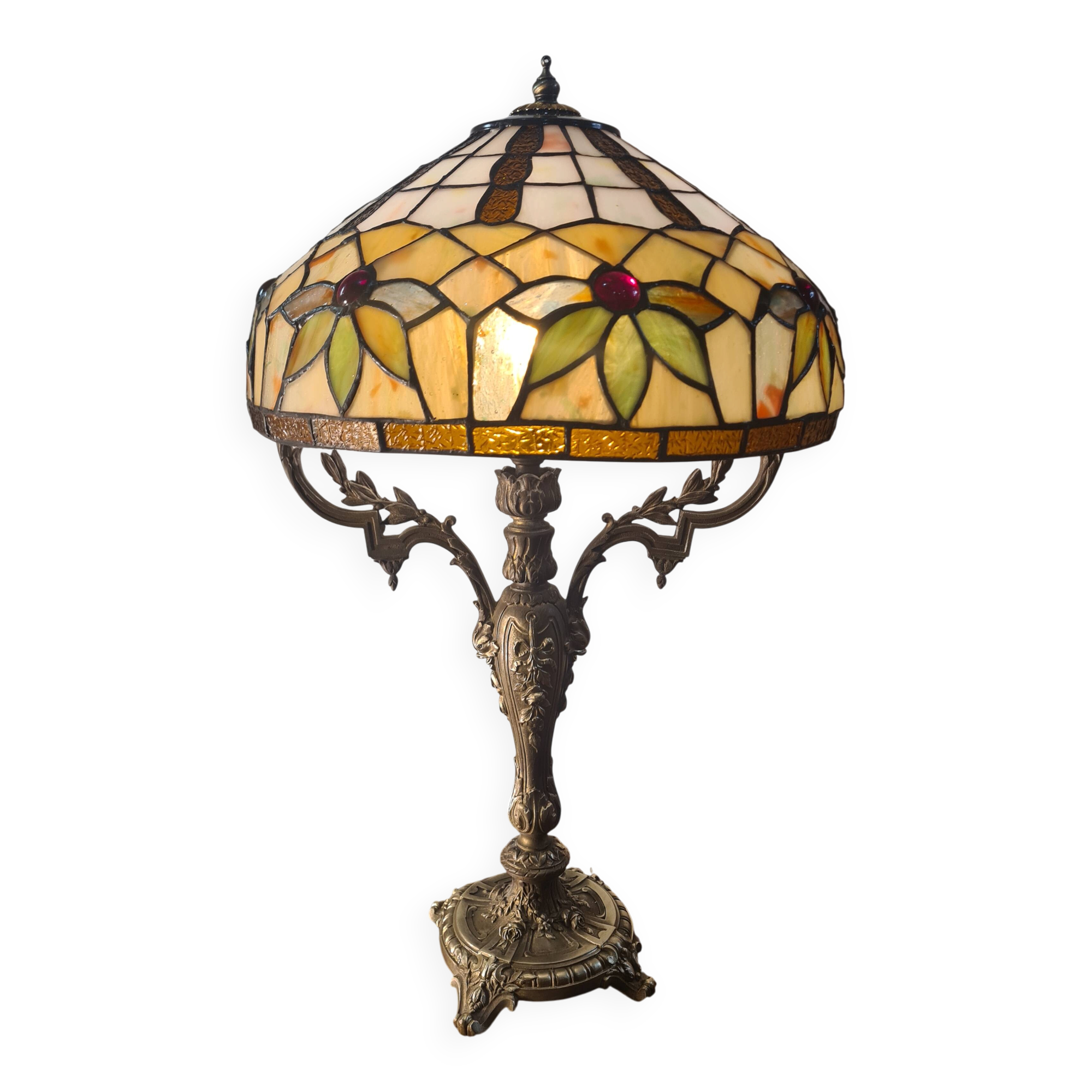 antique 19th century bronze rocaille lamp with a beautiful glass shade soldered with lead
