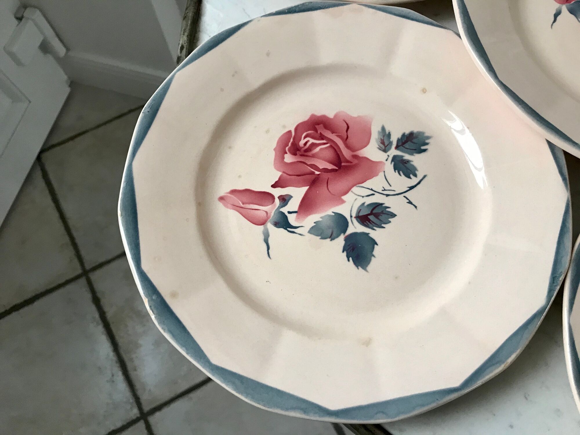 Set of 6 flat plates digoin sarreguemines pink and blue flowers 40s