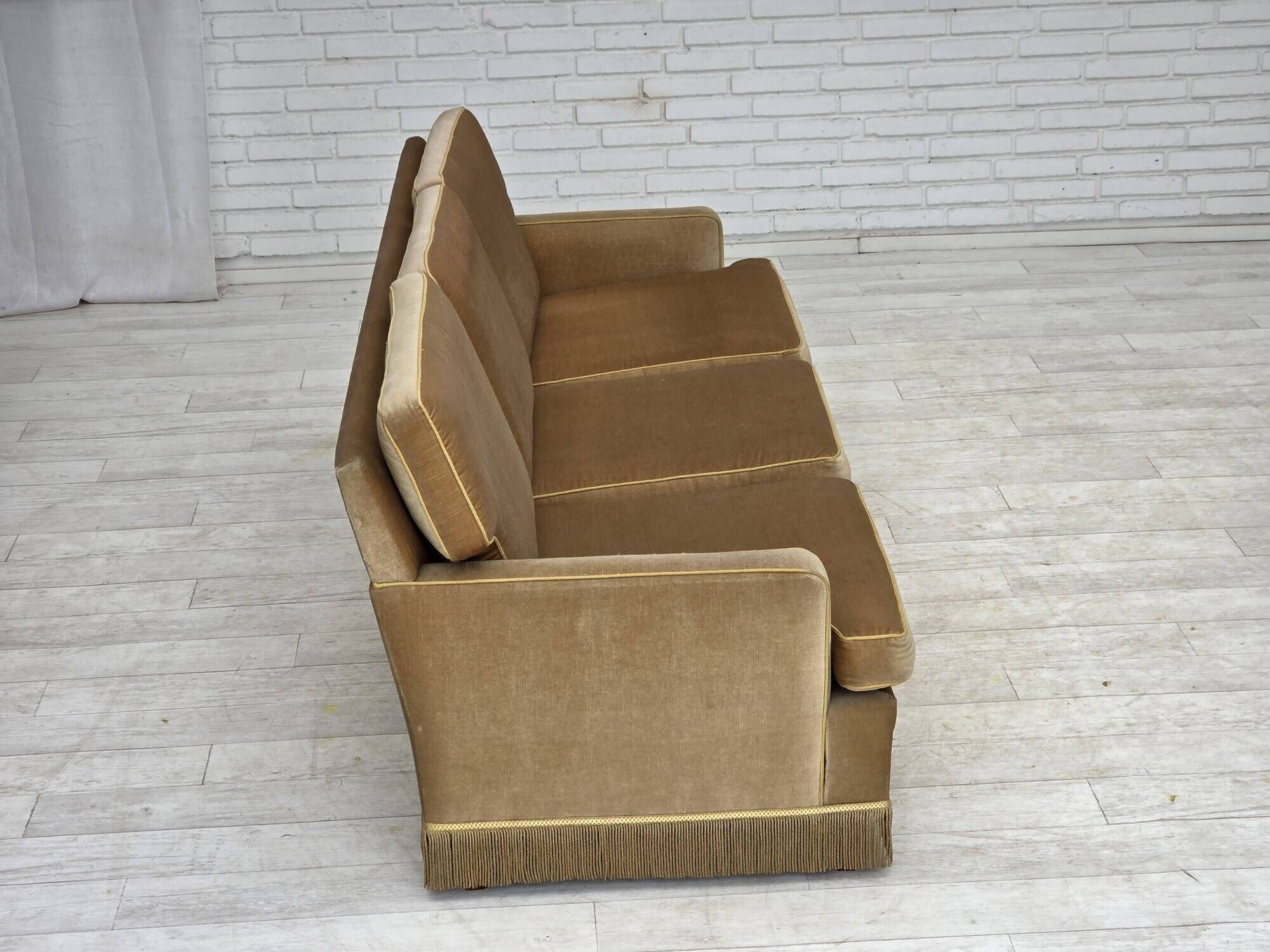 1970s, Danish 3-seater sofa, honey yellow furniture velour.