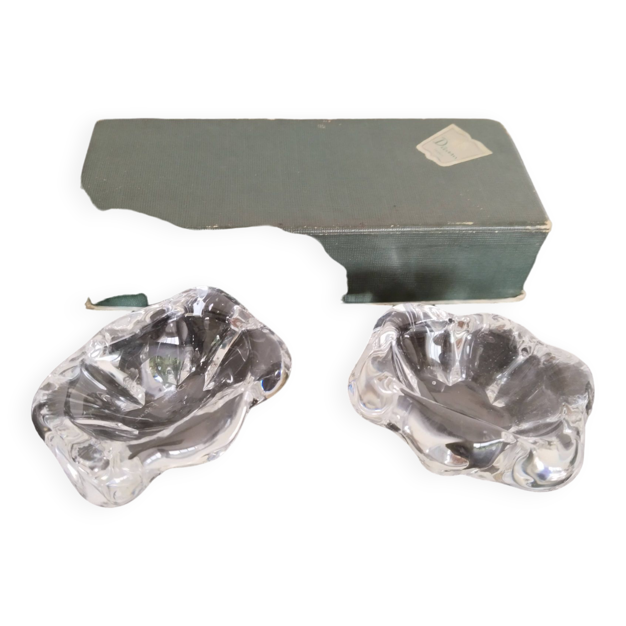 Crystal salt and pepper shakers signed Daum France; antique french