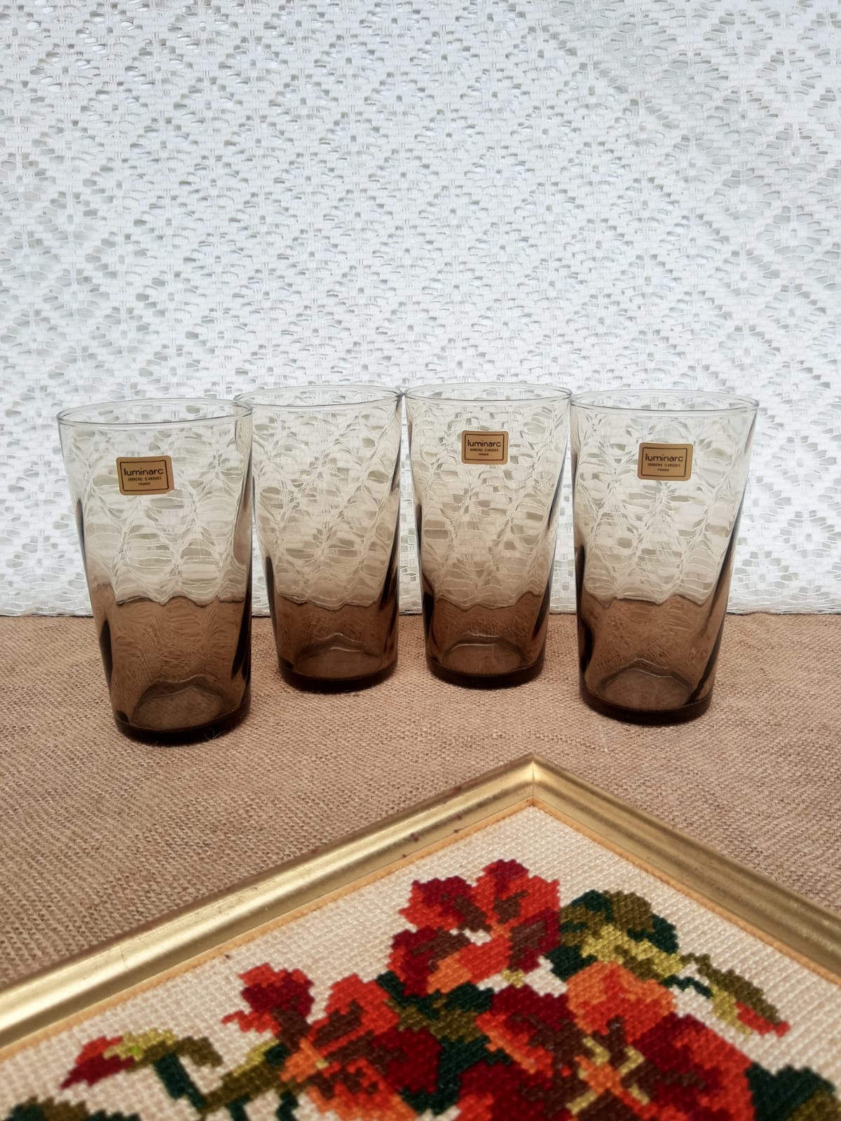 Set of 4 smoked glasses luminarc france vintage