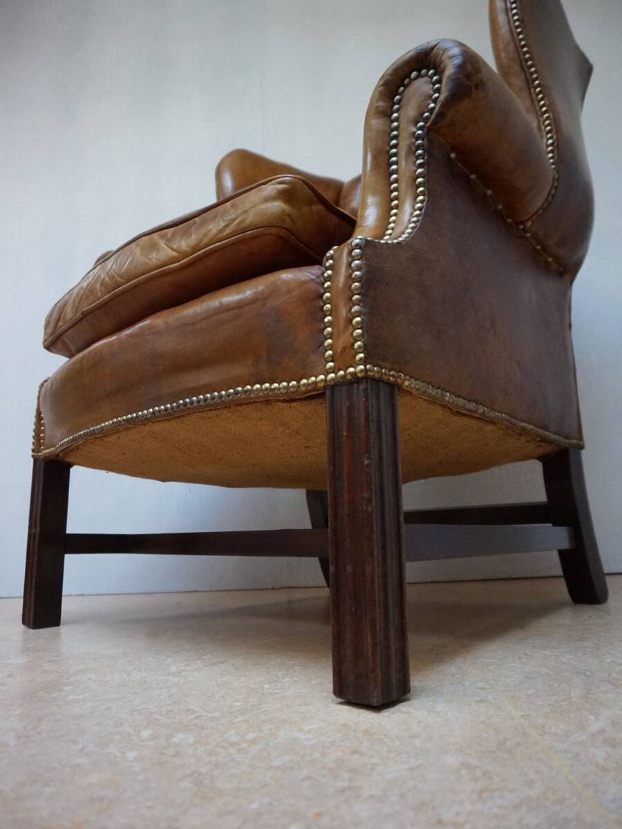 Vintage Cognac Leather Wingback Chesterfield Armchair, England 1940s