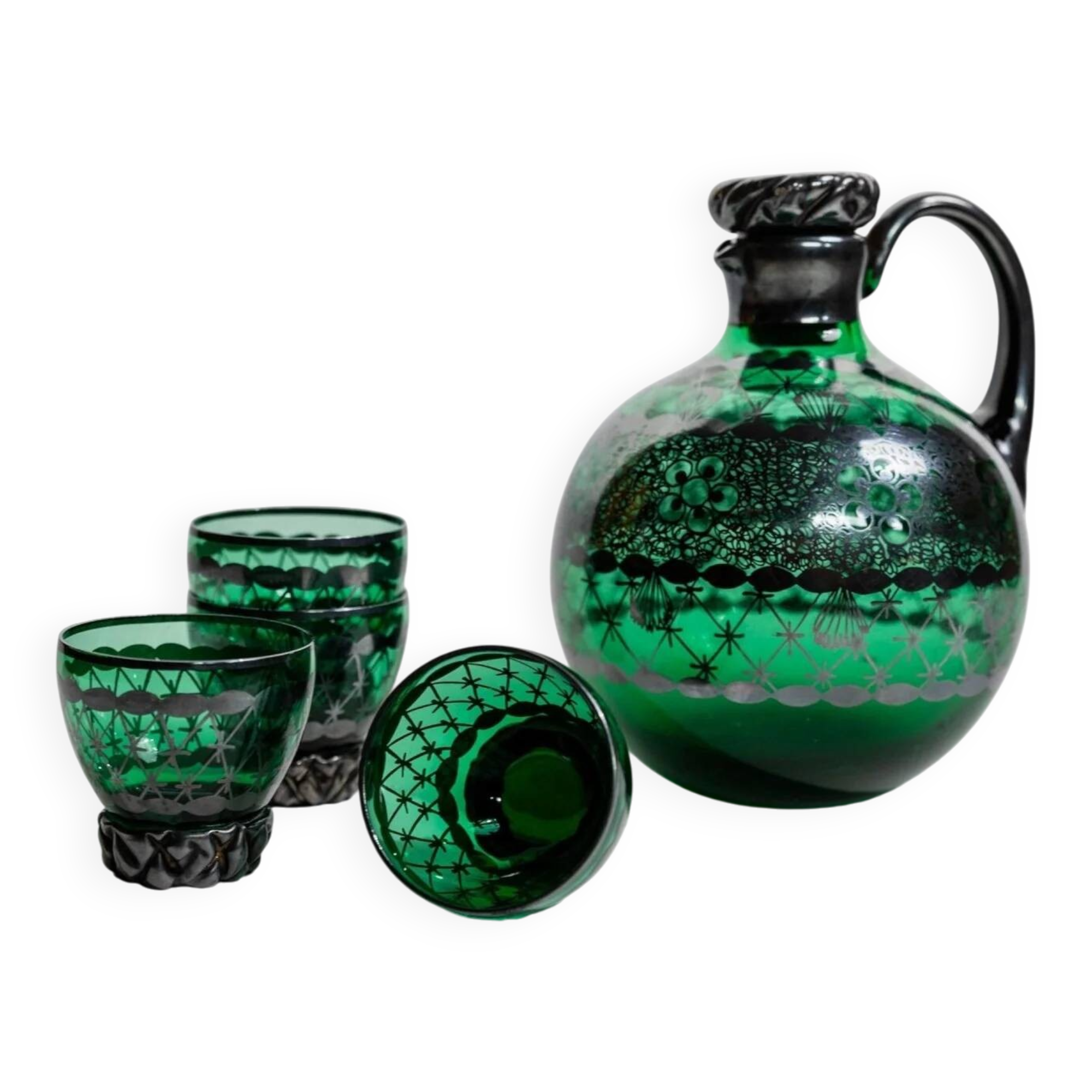 Vintage Murano Green Glass Liqueur Set with Hand-Painted Silver Decor – Decanter and Four Glasses, Italy, 1930s