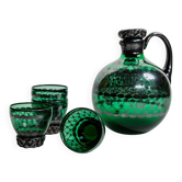 Vintage Murano Green Glass Liqueur Set with Hand-Painted Silver Decor – Decanter and Four Glasses, Italy, 1930s