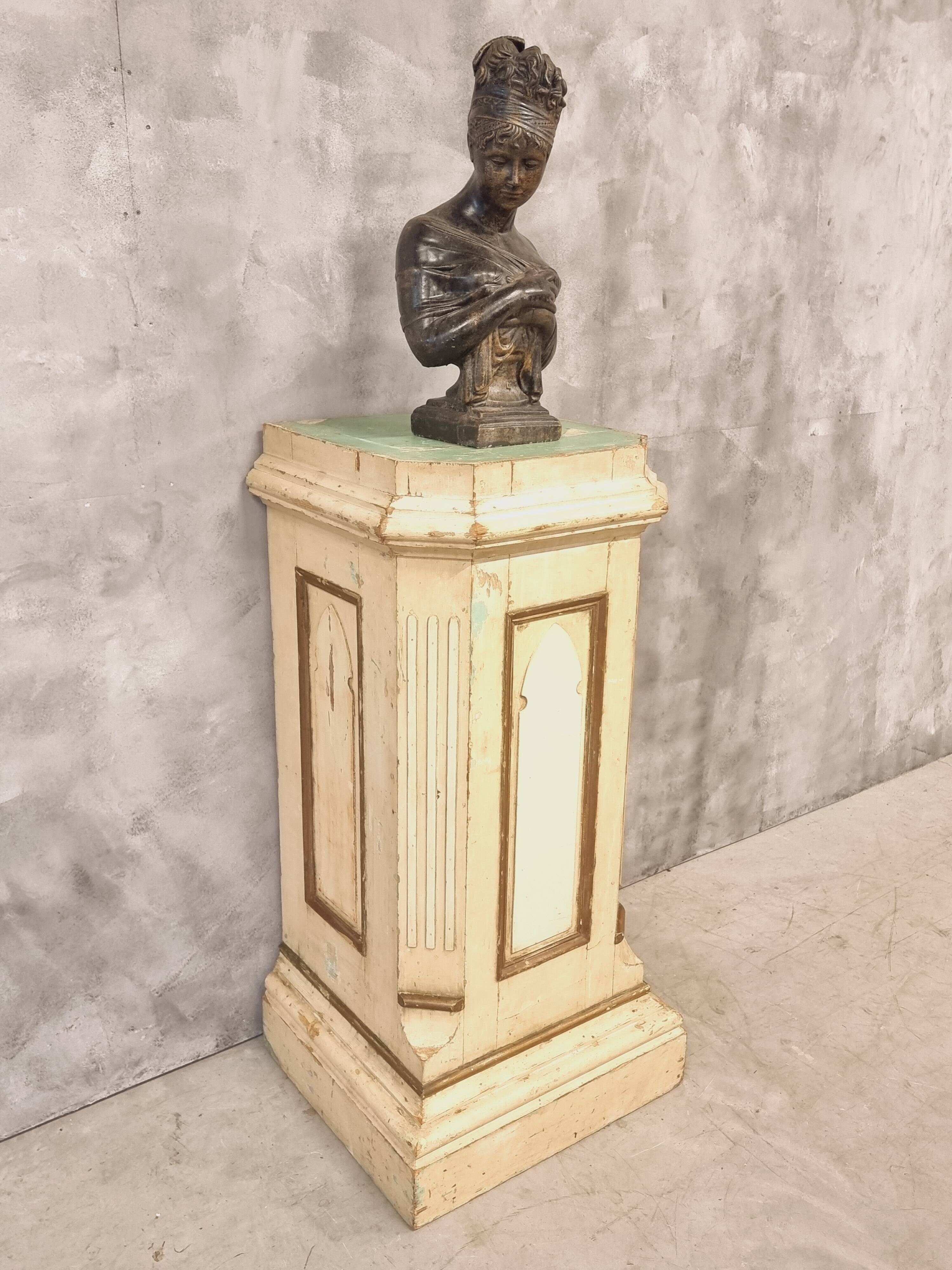 Antique church column on wooden base 135 cm high