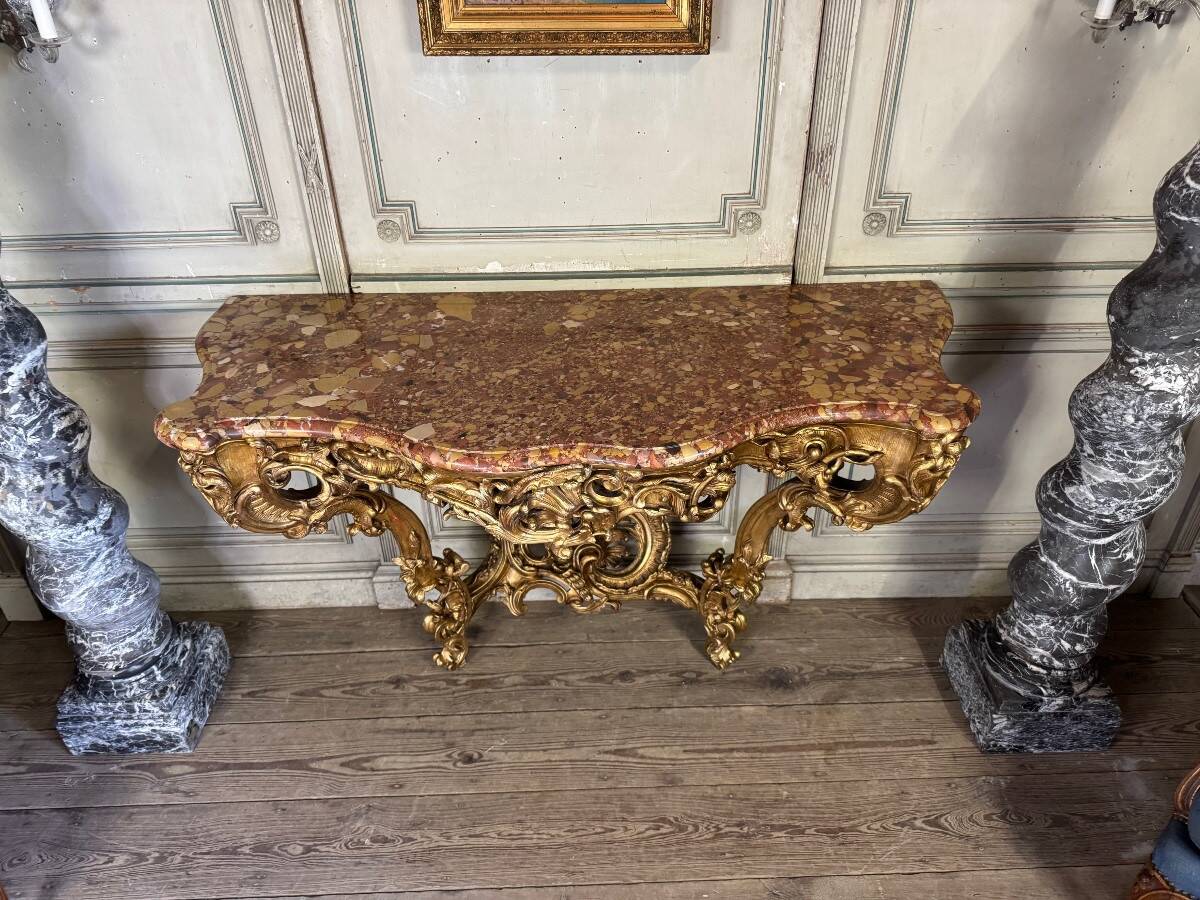 Important Louis XV Console in Carved and Gilded Wood, Breccia d'Aleppo Marble,