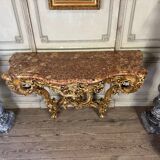 Importante Console Louis XV En Bois Sculpté Et Doré, Marbre Brèche D’alep,