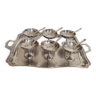 Ice cream or sorbet cups on tray, vintage, 18/10 stainless steel, 70s, made in France