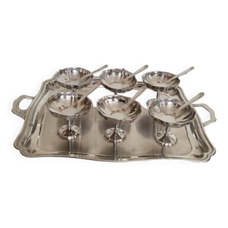 Coupes à glace ou sorbet sur plateau , vintage , en inox 18/10 , années 70 , made in France