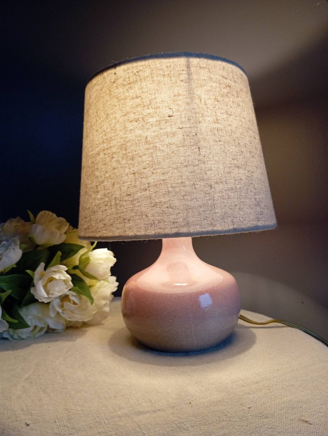 Signed speckled pink ceramic bedside lamp, linen lampshade