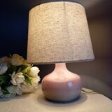 Signed speckled pink ceramic bedside lamp, linen lampshade