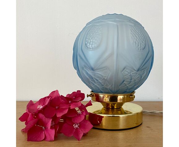 Lampe à poser globe vintage art déco en verre dépoli bleu