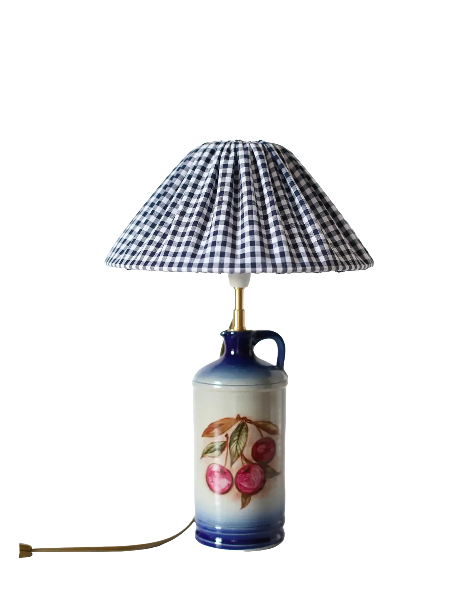 Vintage table lamp Hautlalampe: blue Alsace stone base and pleated Vichy shade.