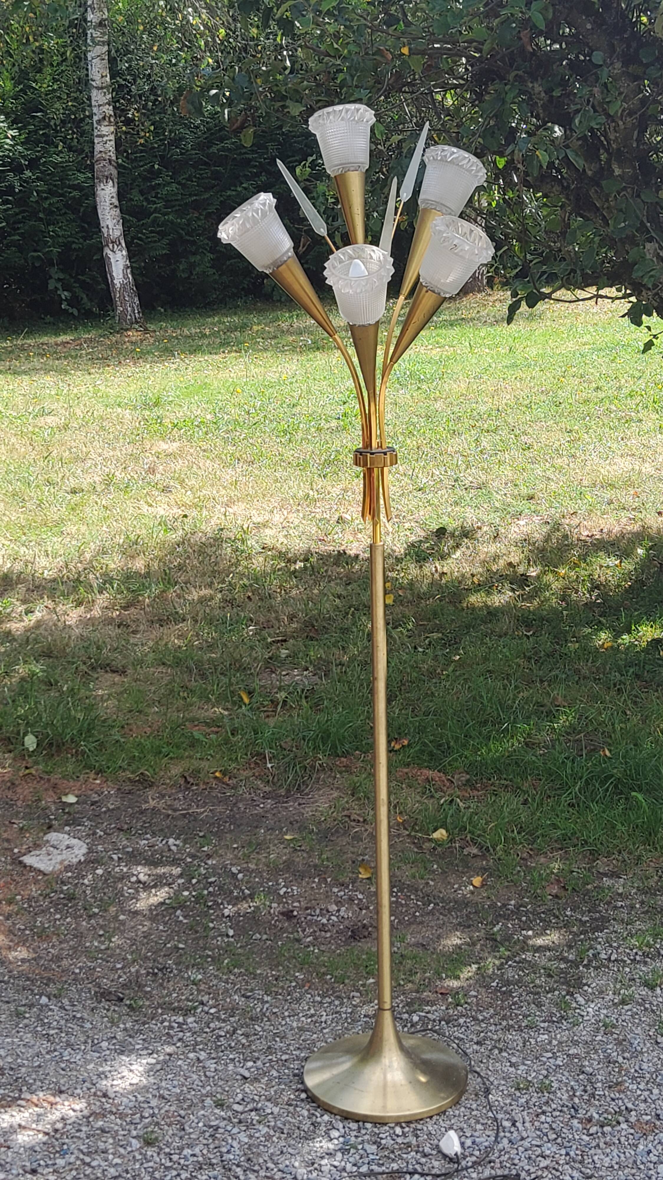 Vintage floor lamp in gilded brass with 5 glass tulips from the 50s
