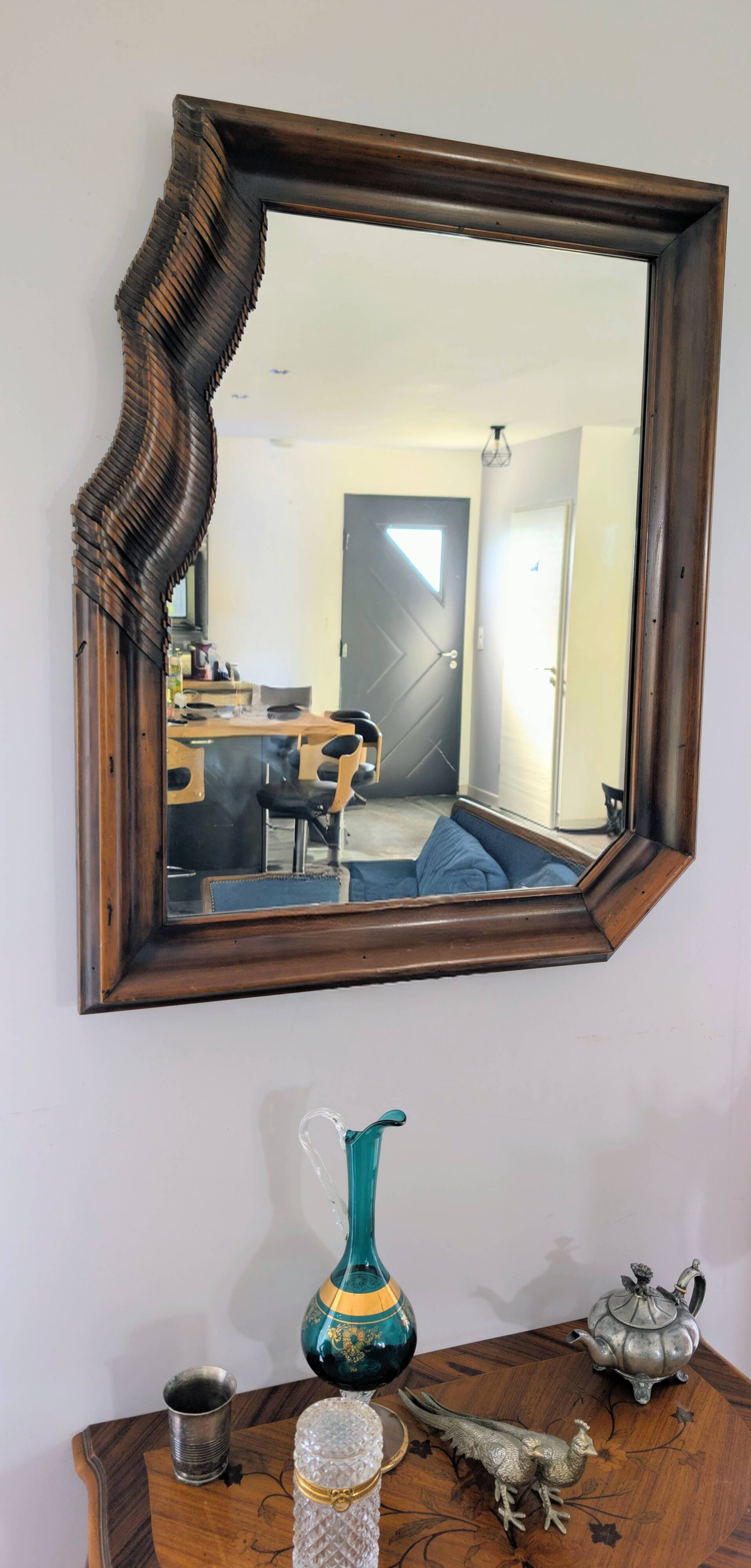 Large wooden wall mirror - wavy carving and natural patina