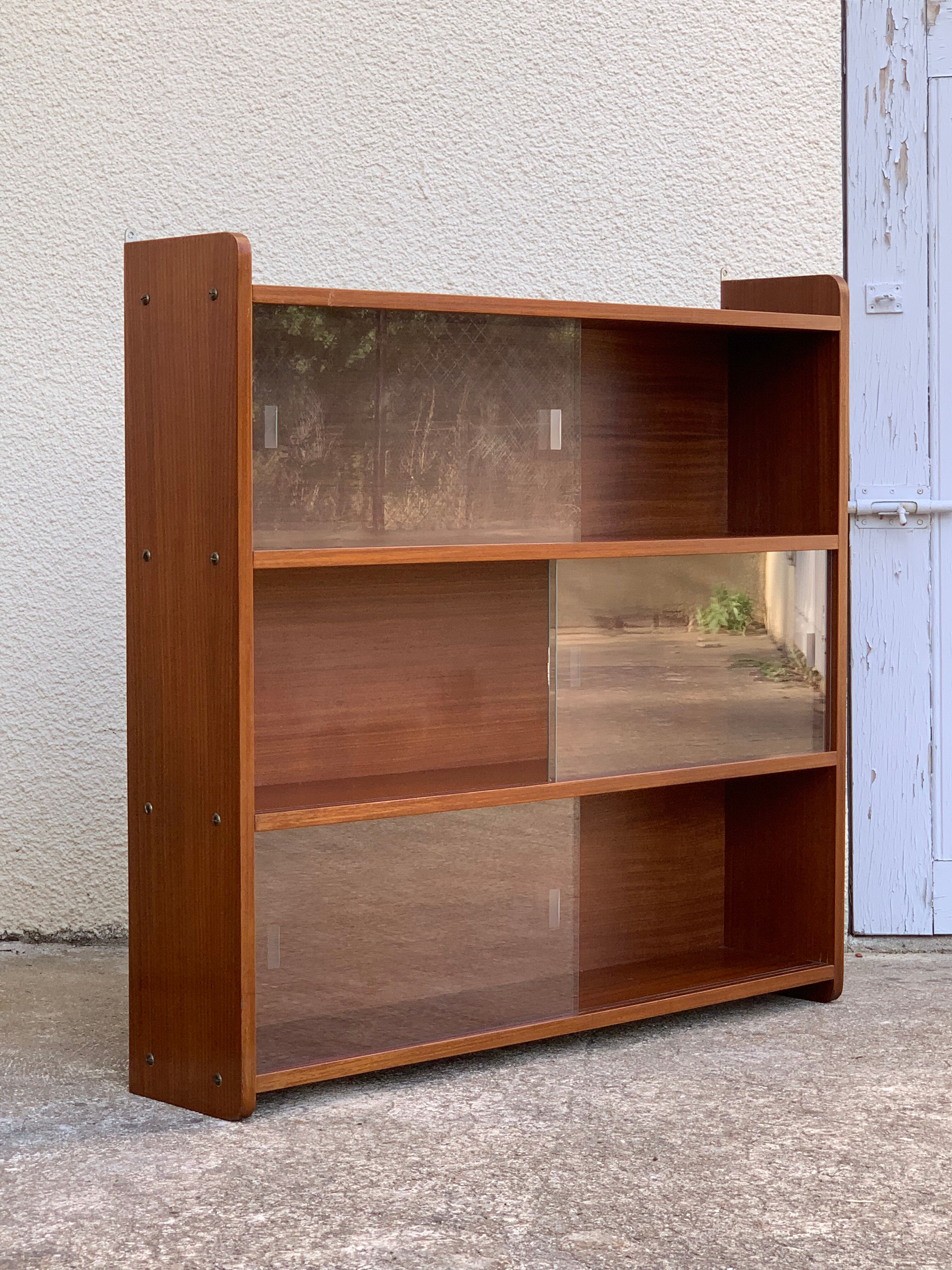 glass wall bookcase in vintage teak 1950