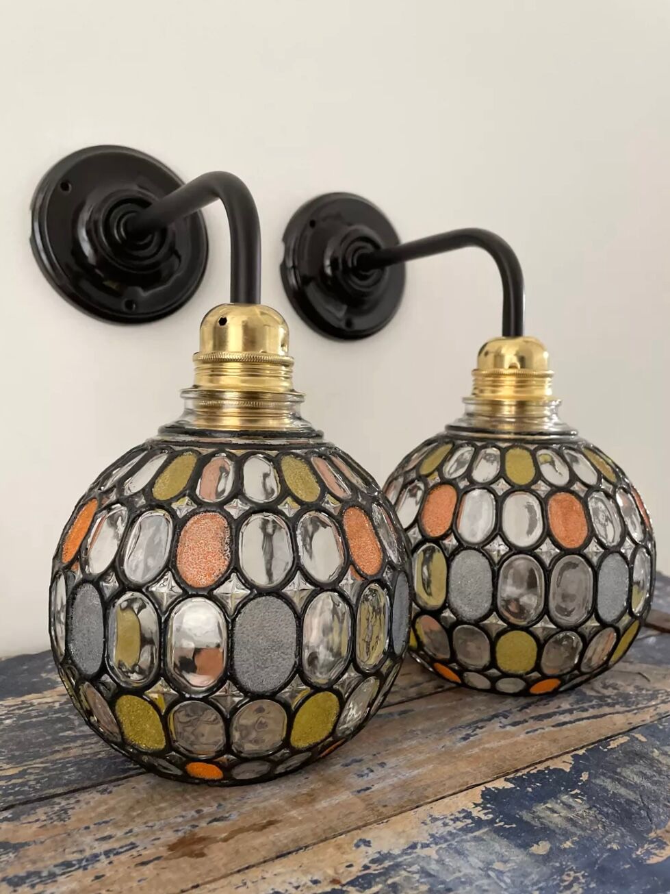 Pair of vintage faceted glass wall lamps
