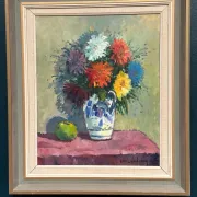 Original Swedish Oil on Canvas – “Asters in a Ceramic Vase” by Eric Lundgren – Signed – Vintage and Framed – 60 × 54 cm (23.6" × 21.3")