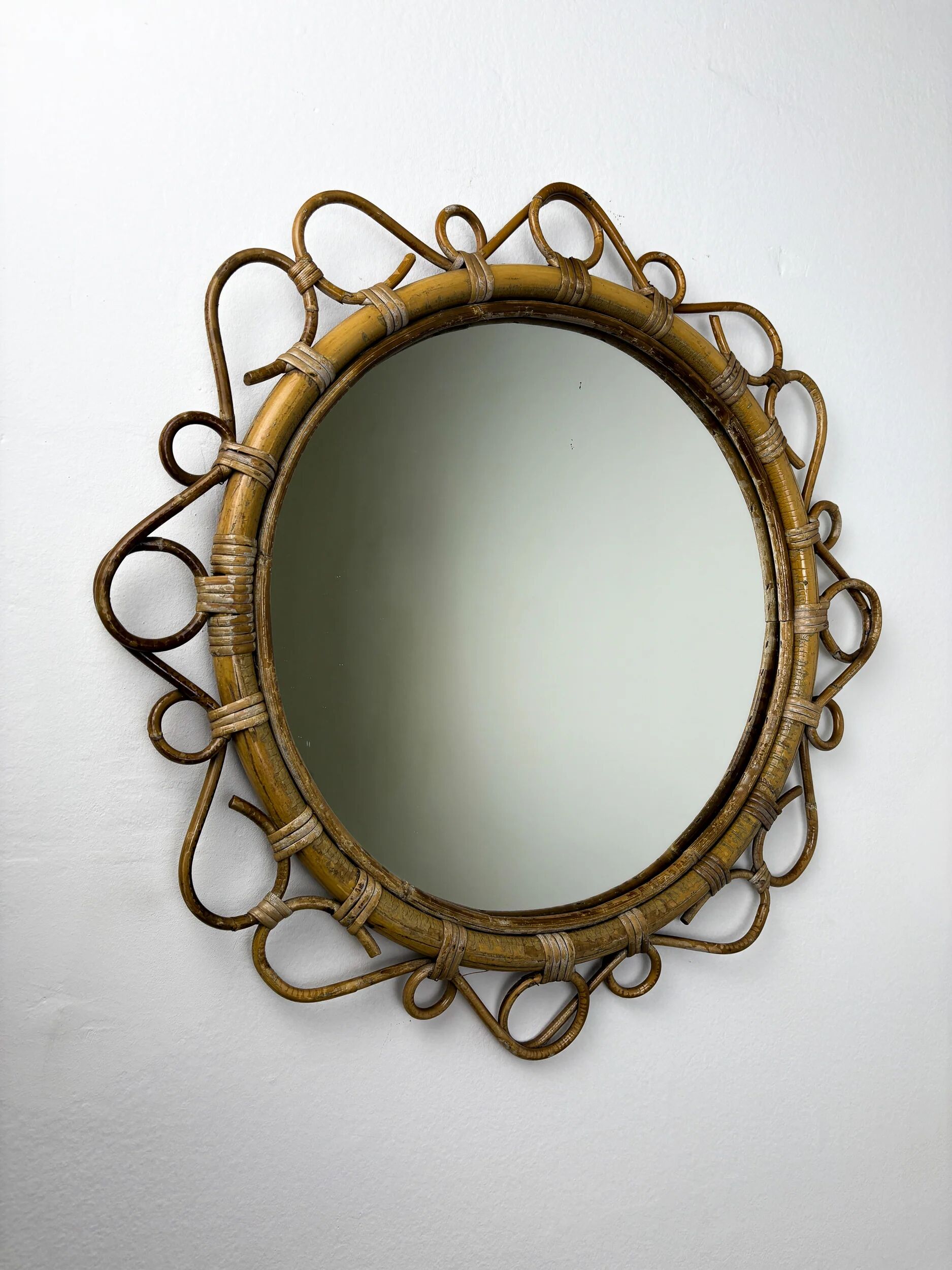 Spanish rattan bamboo oval mirror, 1960s