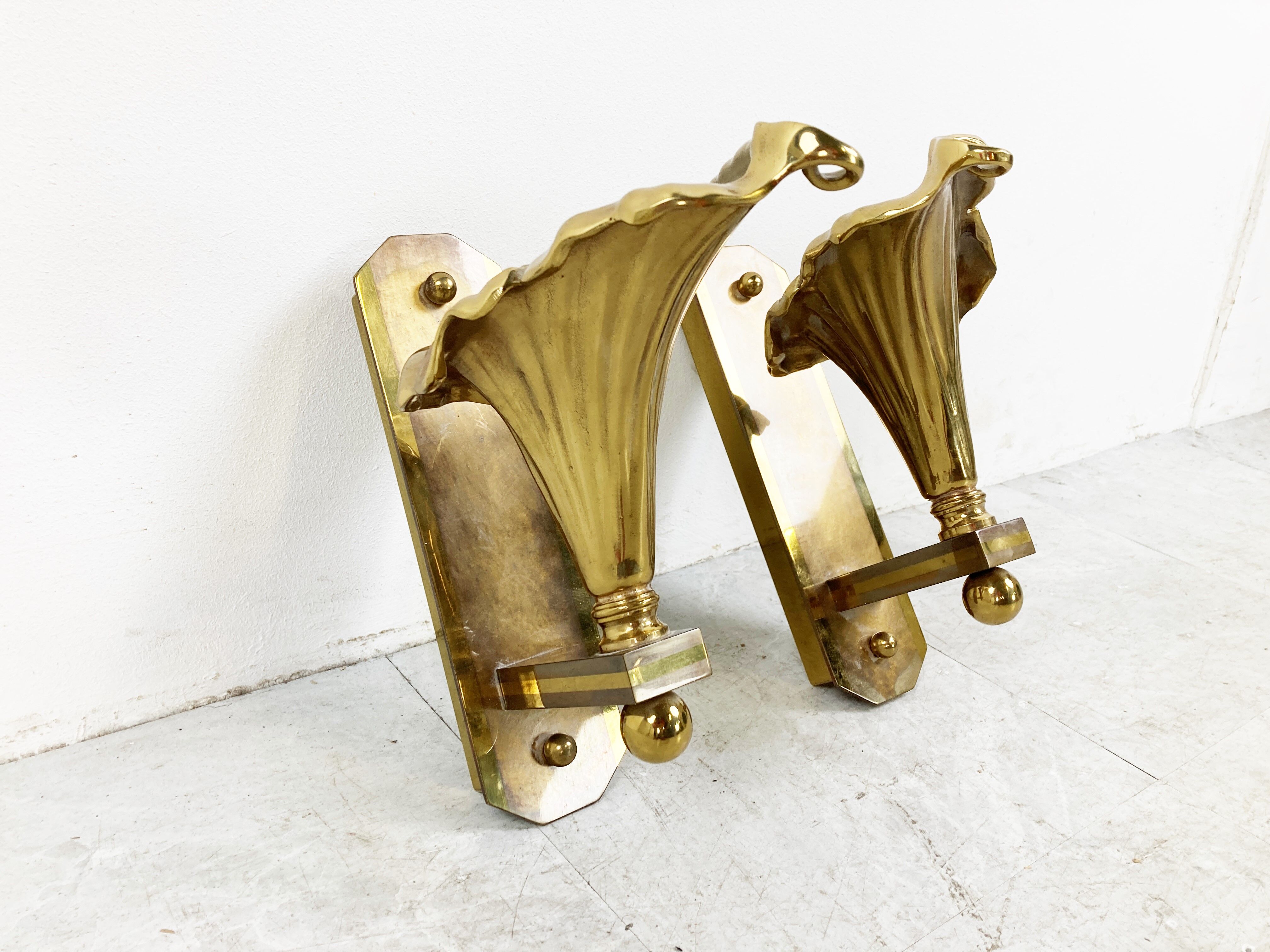 Pair of Bronze flower wall lamps, 1970s