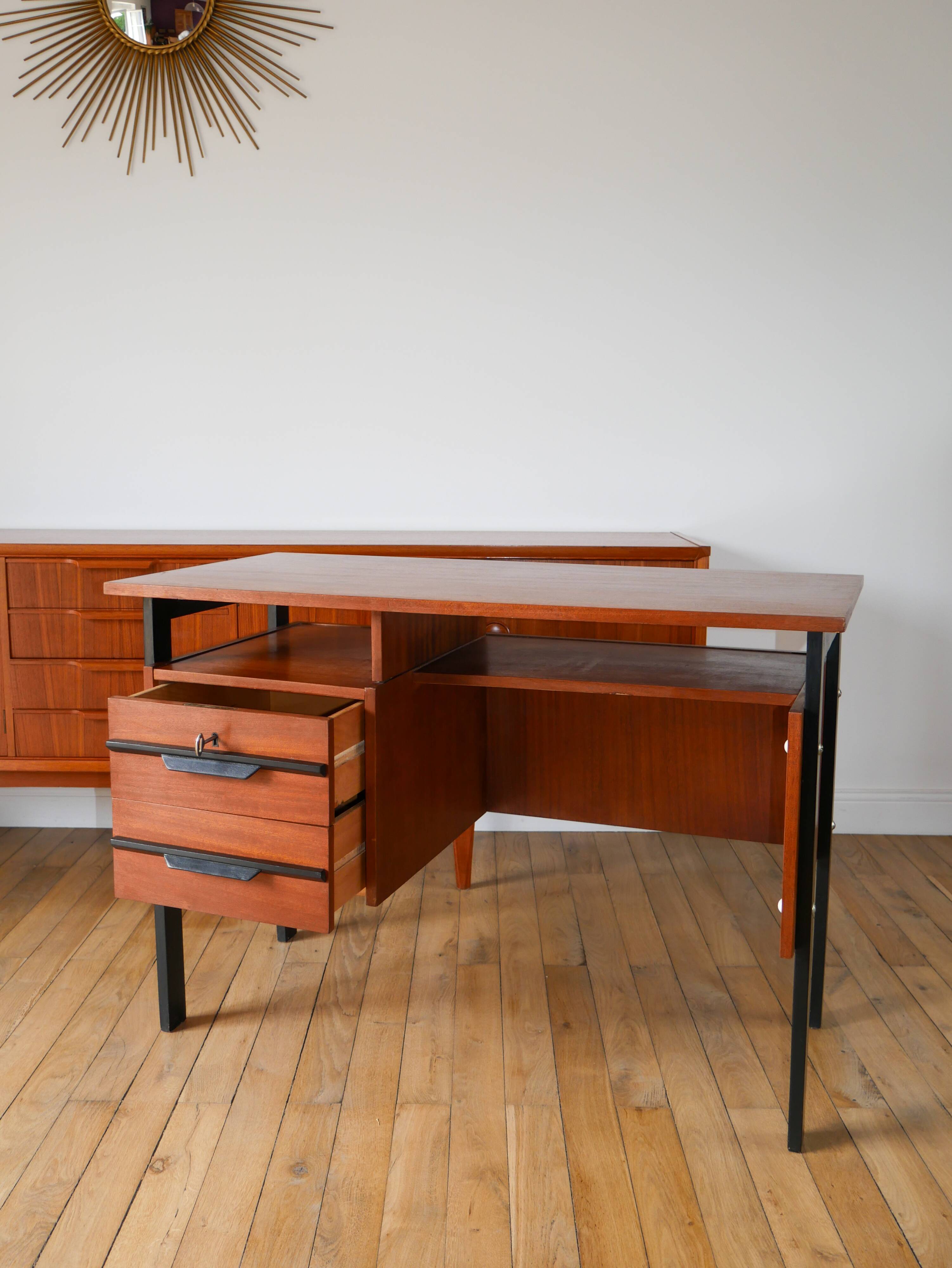 Scandinavian desk in black metal oak veneer, Modernist Design, 1960