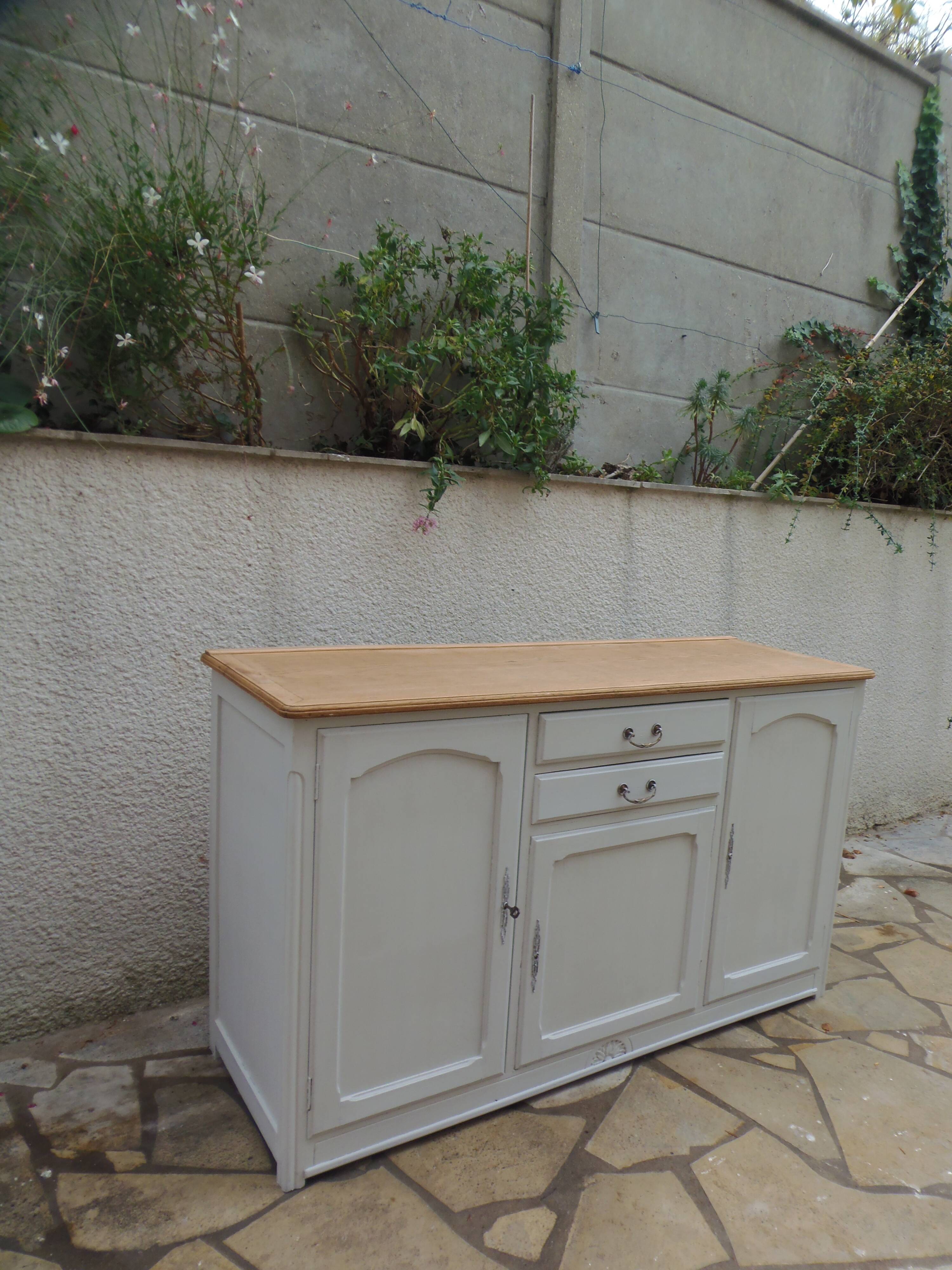 Vintage sideboard in pearl grey patinated oak, wooden top.