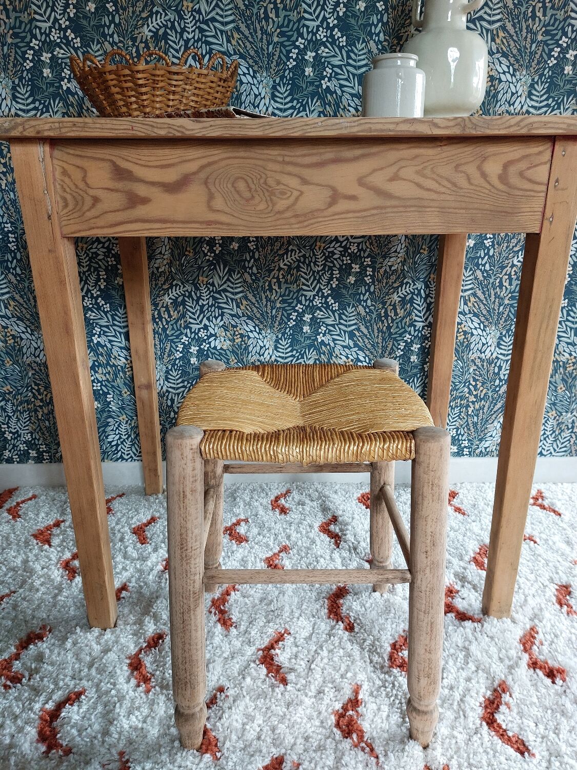 French wooden stool and vintage straw