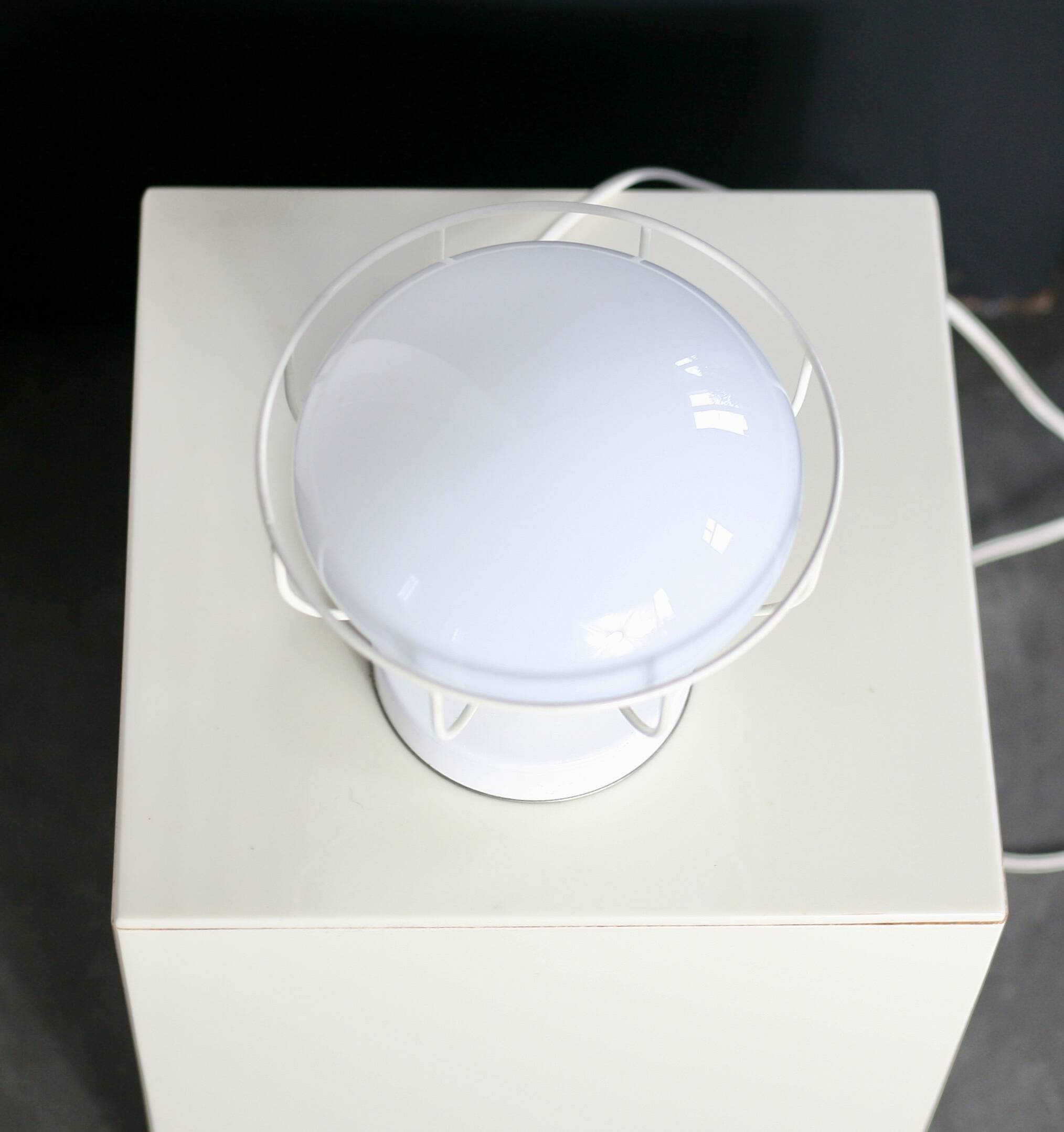 80s lamp, white lacquered metal and glass globe