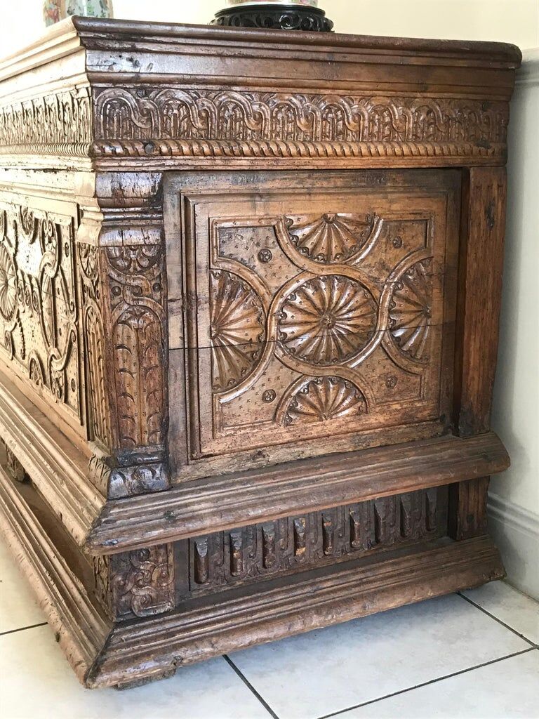 Antique Carved wooden chest with plant motif Renaissance period