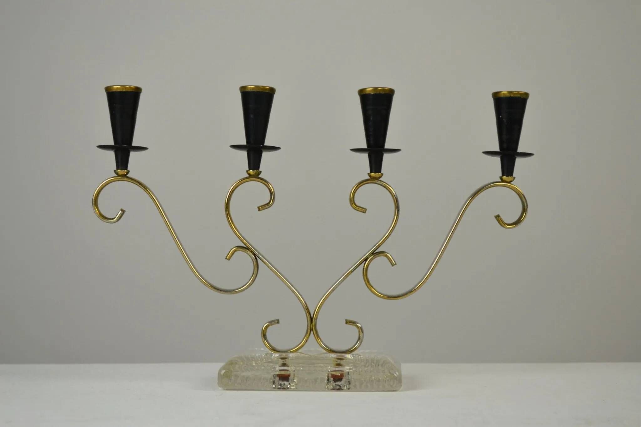 Brass Candelabra with Art Glass Base by Gunnar Ander for Ystad-Metall, Sweden, 1950s