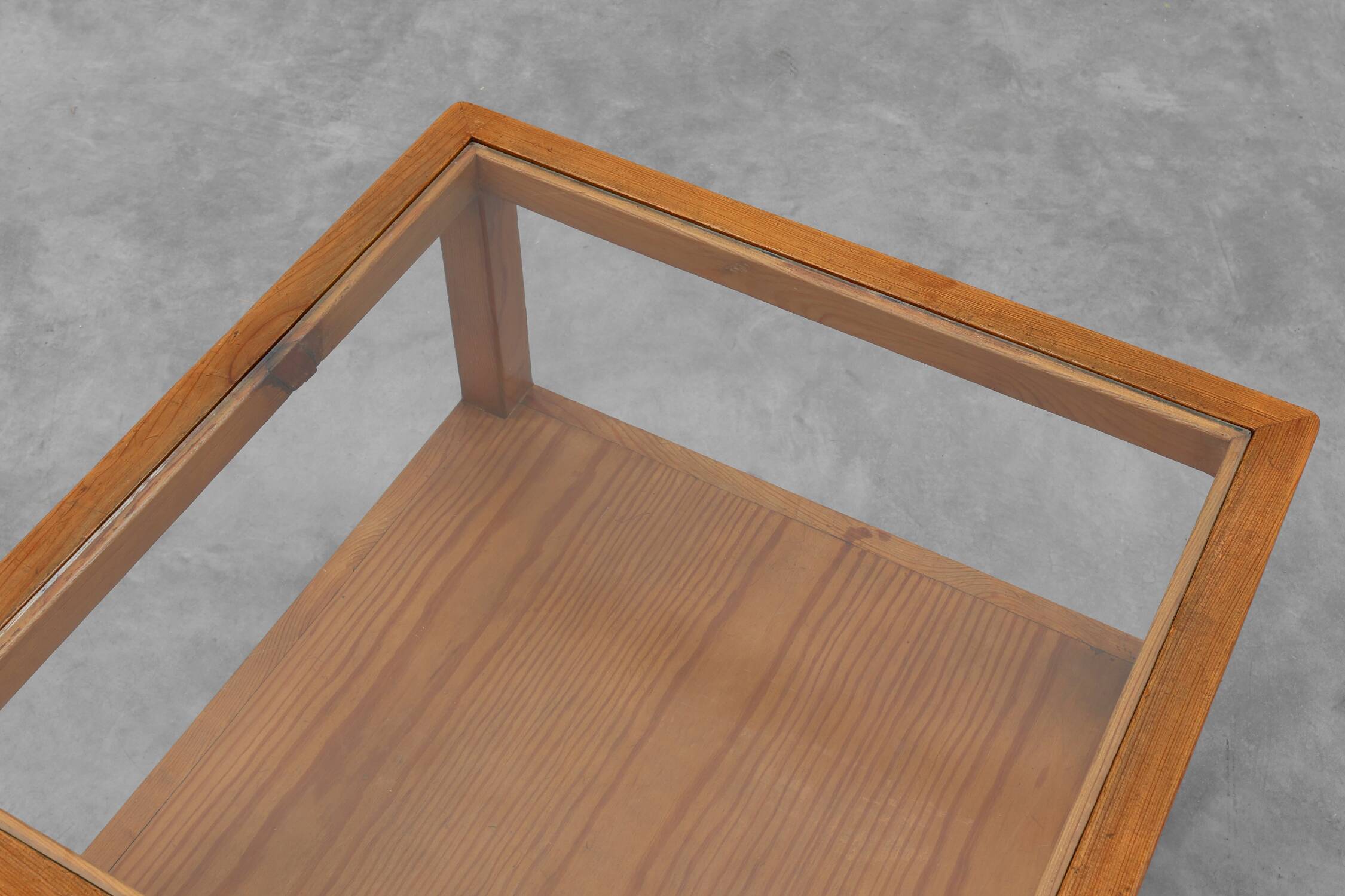 Pair geographical designed square Biosca coffee tables in pine wood, Spain