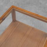 Pair geographical designed square Biosca coffee tables in pine wood, Spain