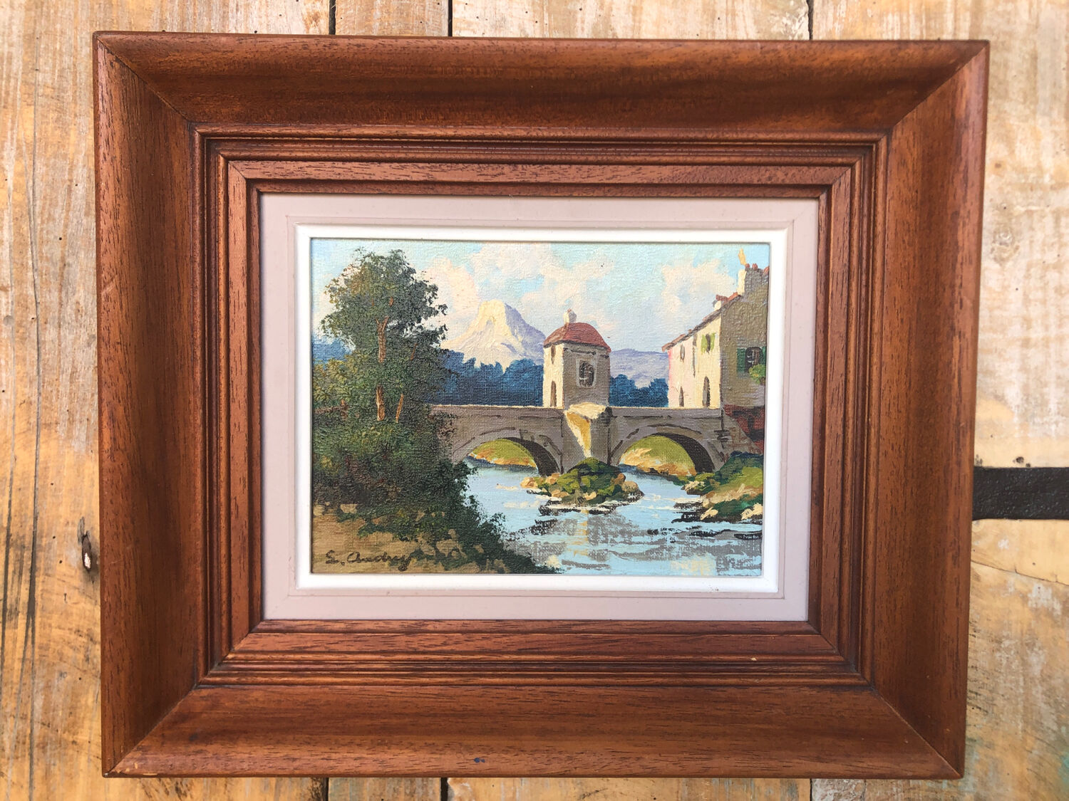 Oil painting on canvas s. audrey riverside + wood frame #a218