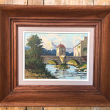 Oil painting on canvas s. audrey riverside + wood frame #a218