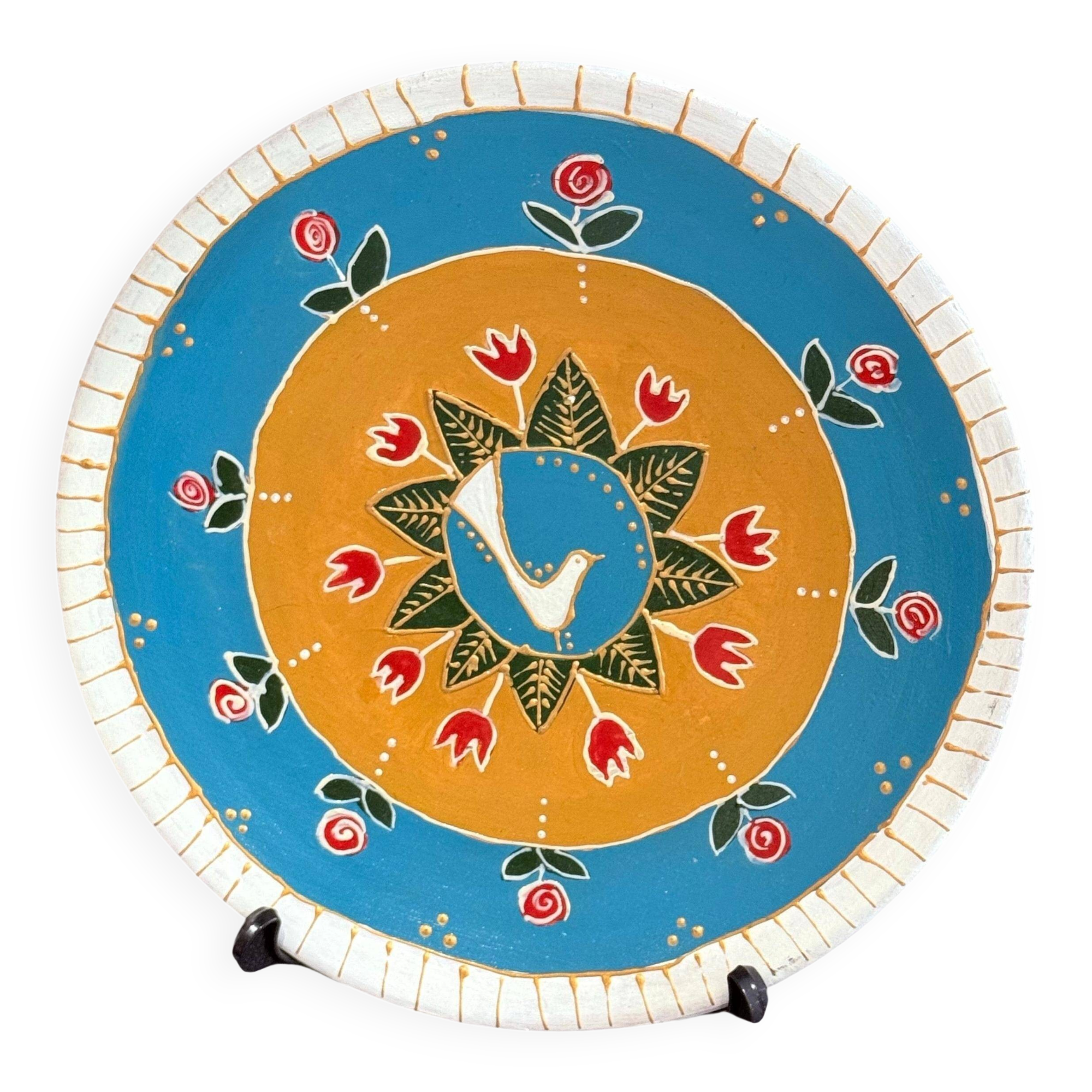 Hand-Painted Wall Decorative Ceramic Plate with Dove & Floral Folk Art Design