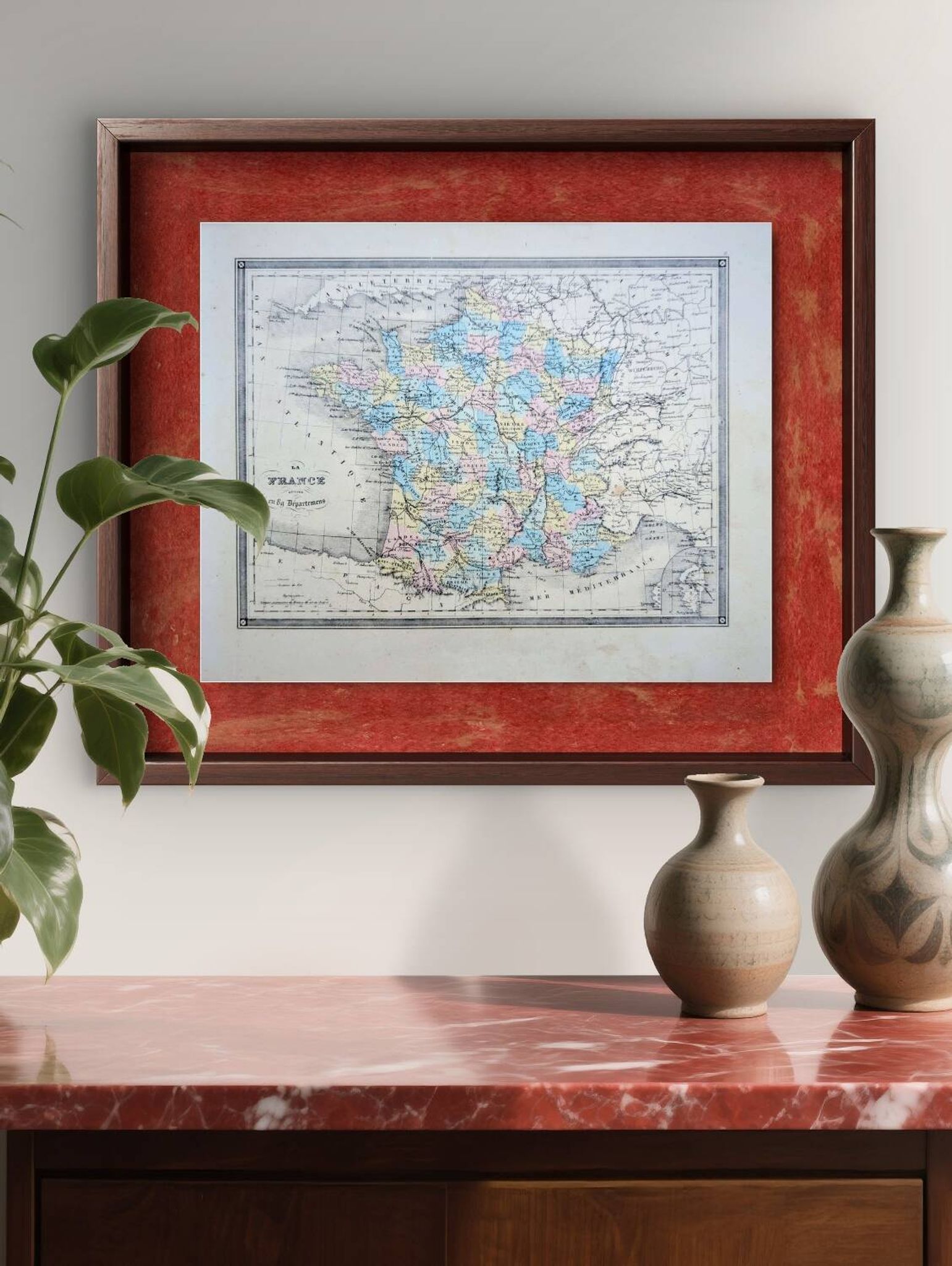 France and departments, old map, printed in 1852. Authentic.