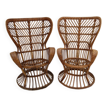 Fauteuils en bambou rattan Carminati faits à la main en Italie, style mid-century modern.