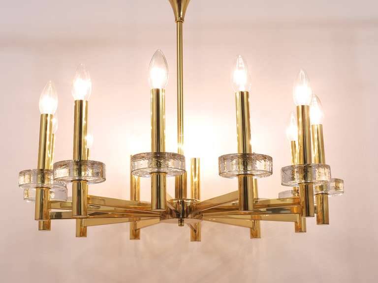Brass and glass disc pendant light in the style of Gaetano Sciolari, mid-century, Italy, 1970s.