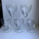 Set of 5 crystal wine glasses engraved 60s