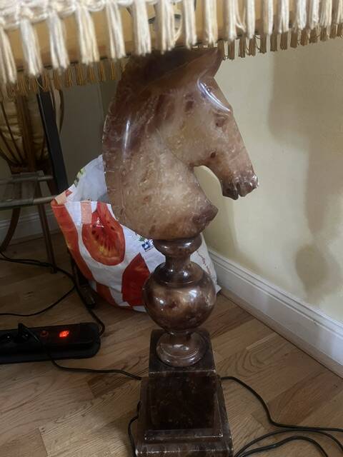 large alabaster lamp sculpted in the shape of a chess horse head 1960.