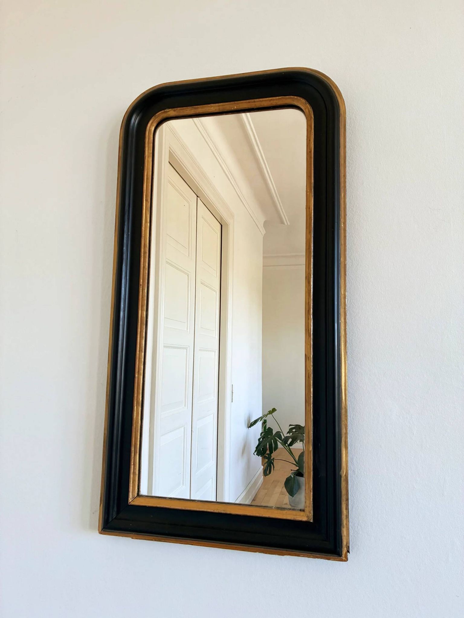 Antique French Louis Philippe full length mirror – black and gold, late 19th century