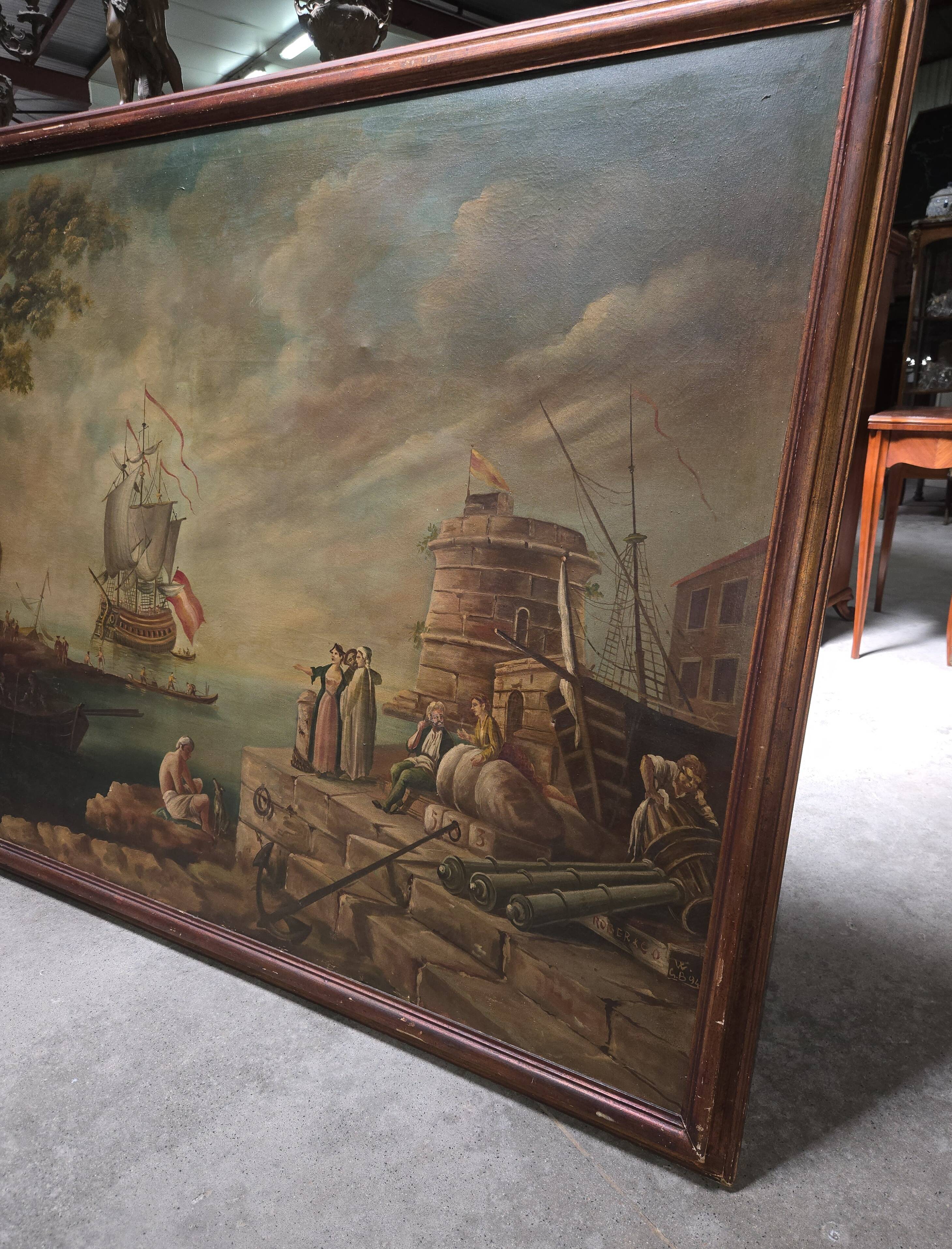 Very important animated marine scene – Oil on canvas in the style of the 18th century.