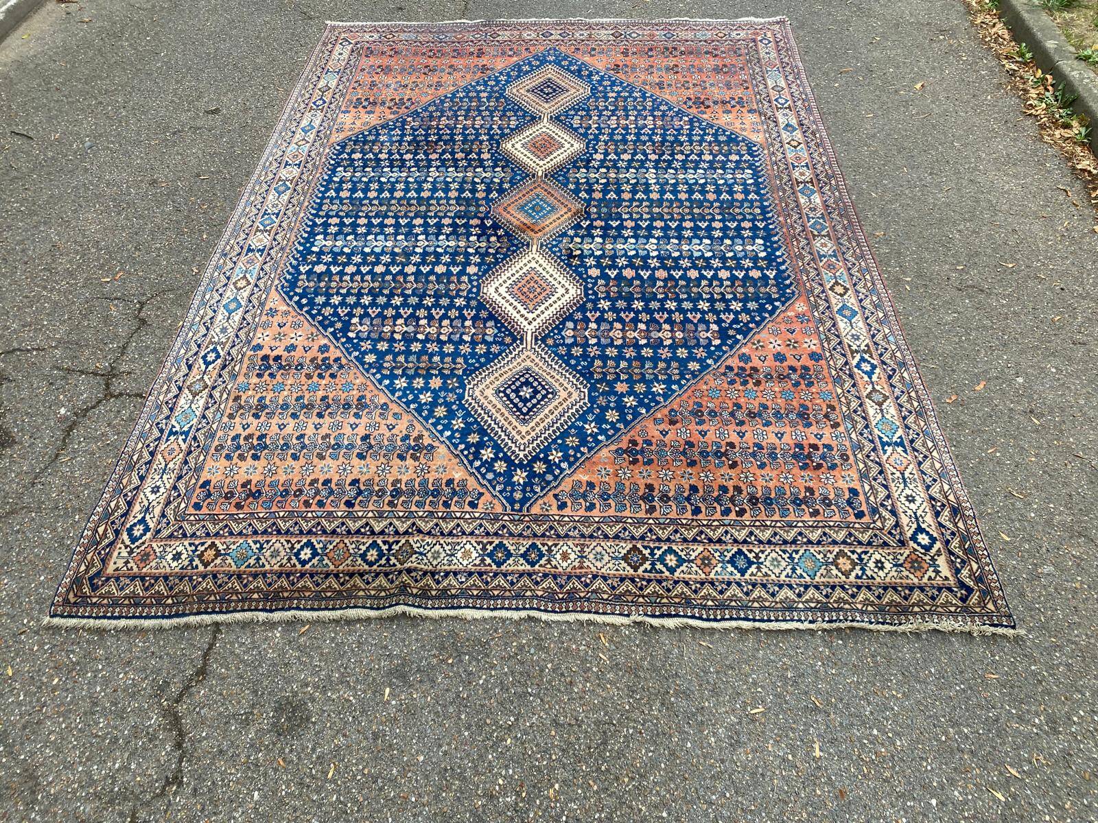 Handmade Yalameh Persian rug 200x300 indigo blue terracotta