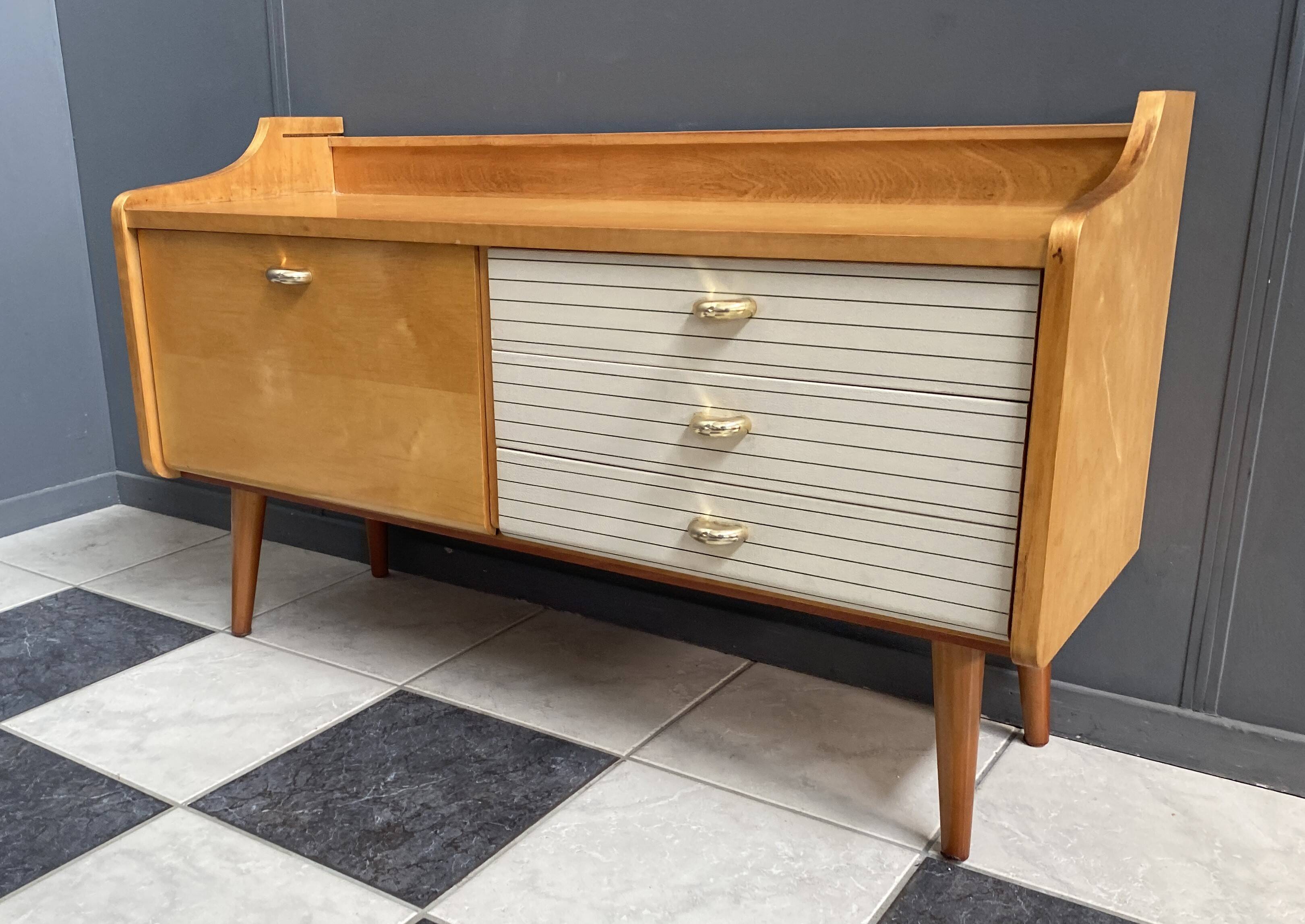 Low sideboard, white leatherette drawer fronts, 1960s