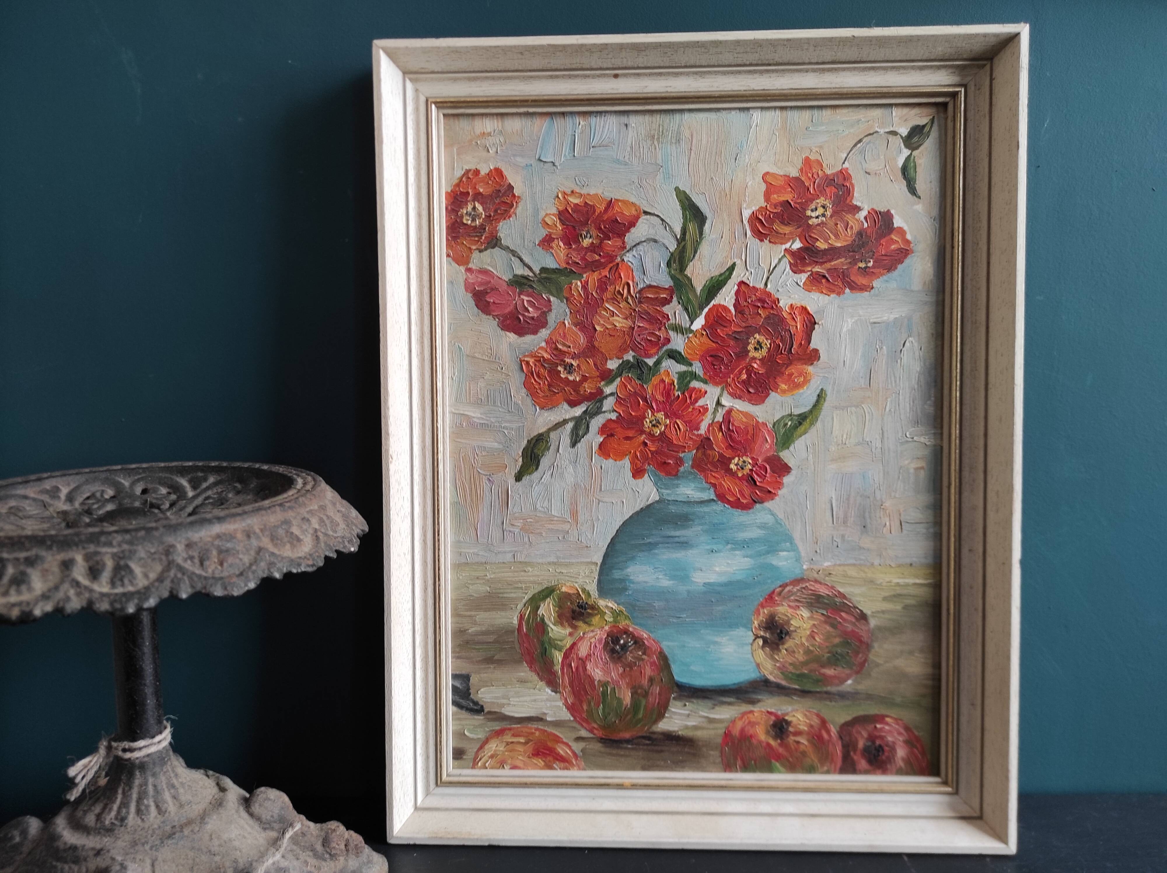 Vintage French oil painting of flowers
