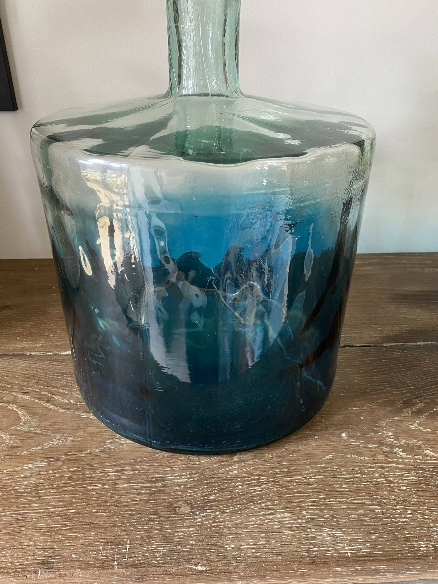 Large blue glass Dame Jeanne vase H45cm