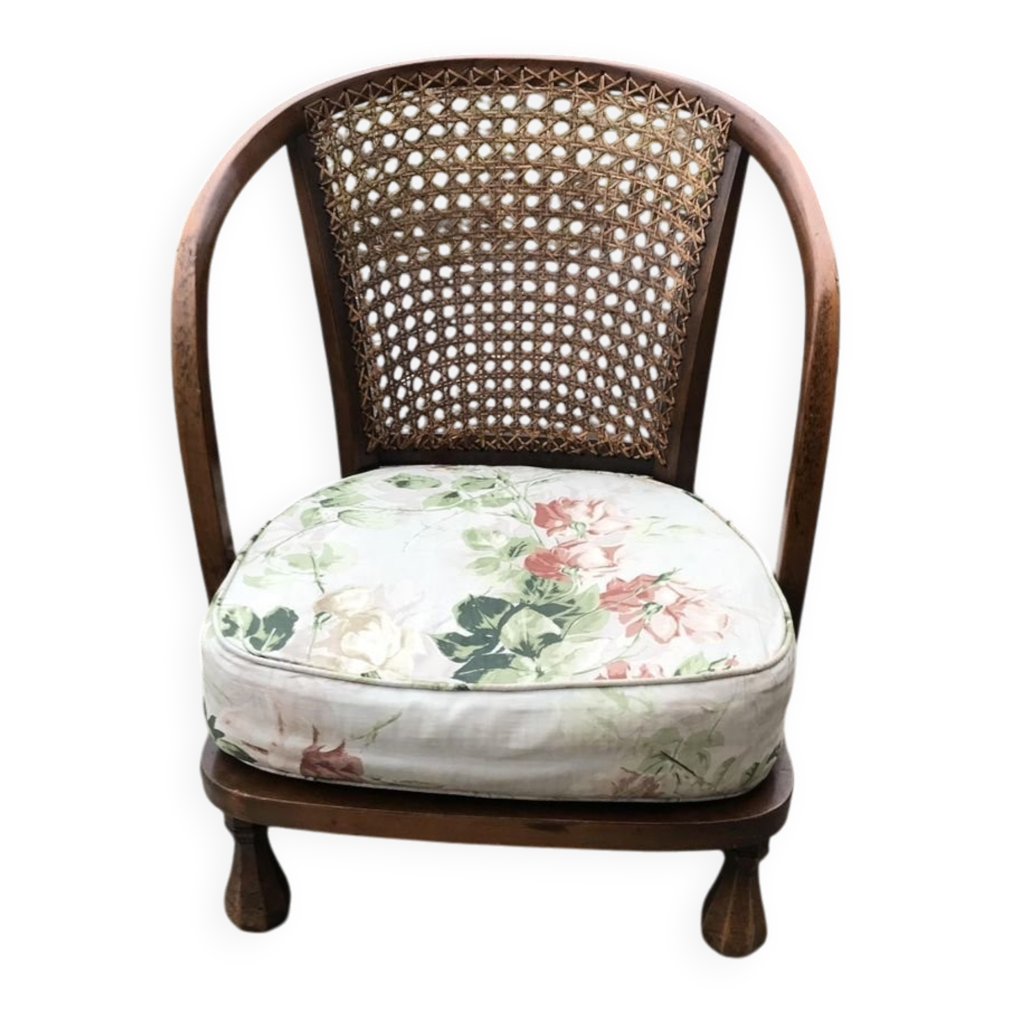 Vintage brown armchair in floral fabric and mahogany wood, 1950s, low back.