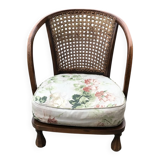 Vintage brown armchair in floral fabric and mahogany wood, 1950s, low back.