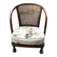 Vintage brown armchair in floral fabric and mahogany wood, 1950s, low back.